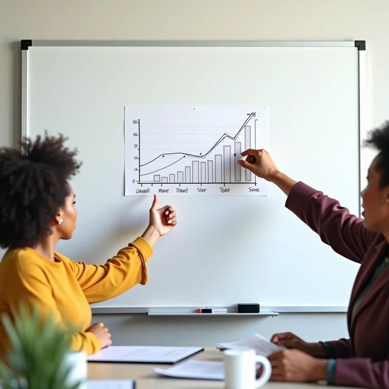 Mulher asiática apresenta resultados em reunião com equipe