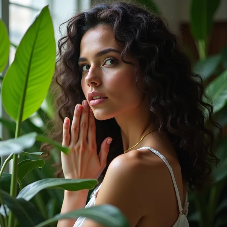 Mulher branca admirando sua Maranta leuconeura