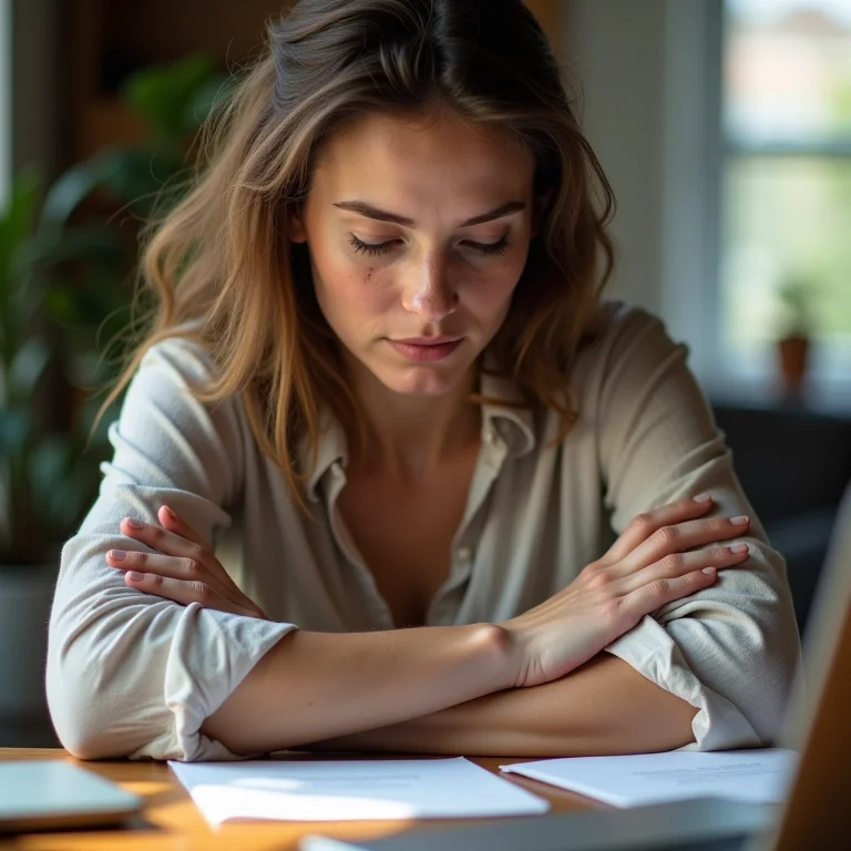 Mulher branca aliviando a tensão com yoga no escritório