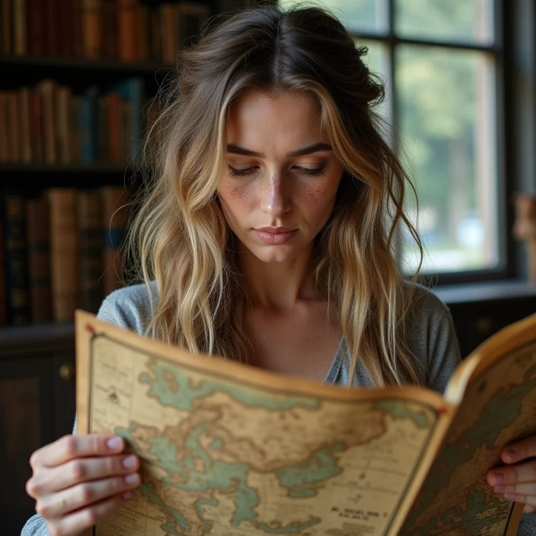 Mulher branca analisando um mapa antigo em meio a livros antigos.