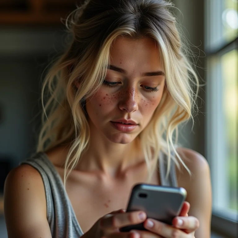 Mulher branca com sardas olhando para o celular com cautela.