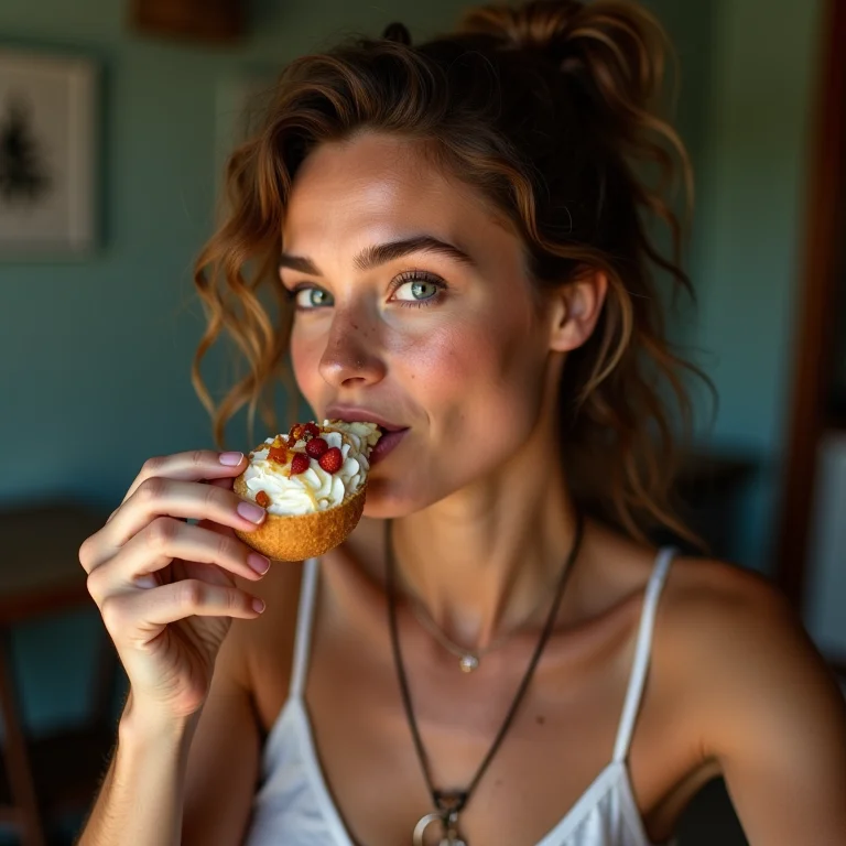Mulher branca com sardas saboreando uma tapioca com diversos recheios no Alto da Sé.