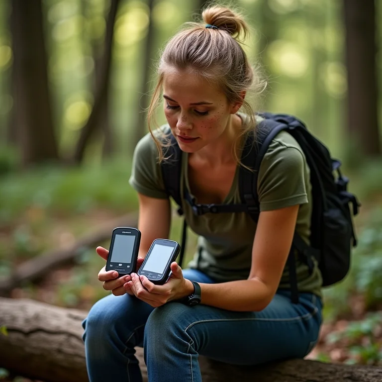 Mulher branca comparando dois modelos de GPS Garmin na floresta