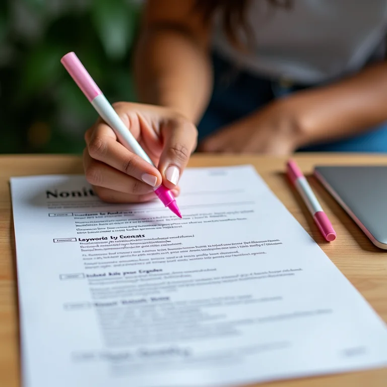Mulher branca destacando habilidades em um currículo com marca texto colorido.
