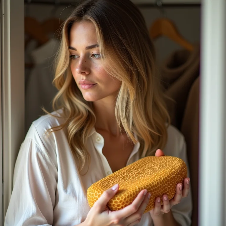 Mulher branca escolhendo um organizador colmeia para sua gaveta