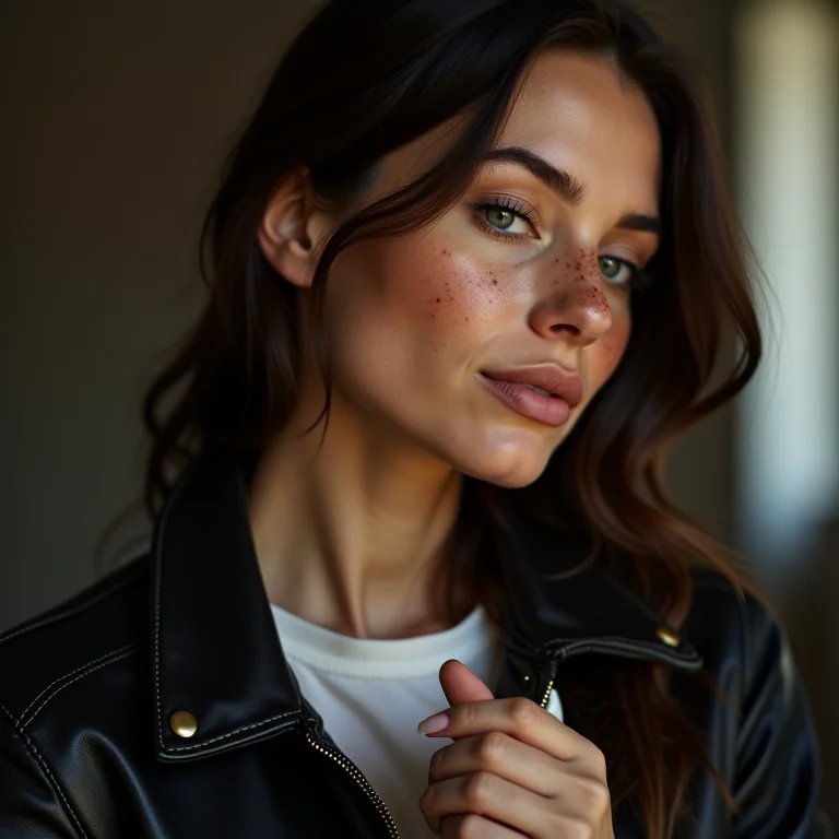 Mulher branca hidratando jaqueta de couro