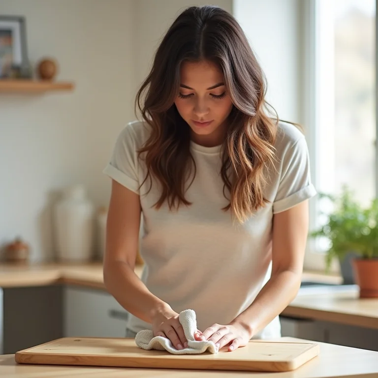 Mulher branca limpando a base de madeira para o quadro de cortiça.