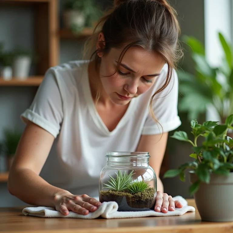 Mulher branca limpando recipiente de vidro para terrário.