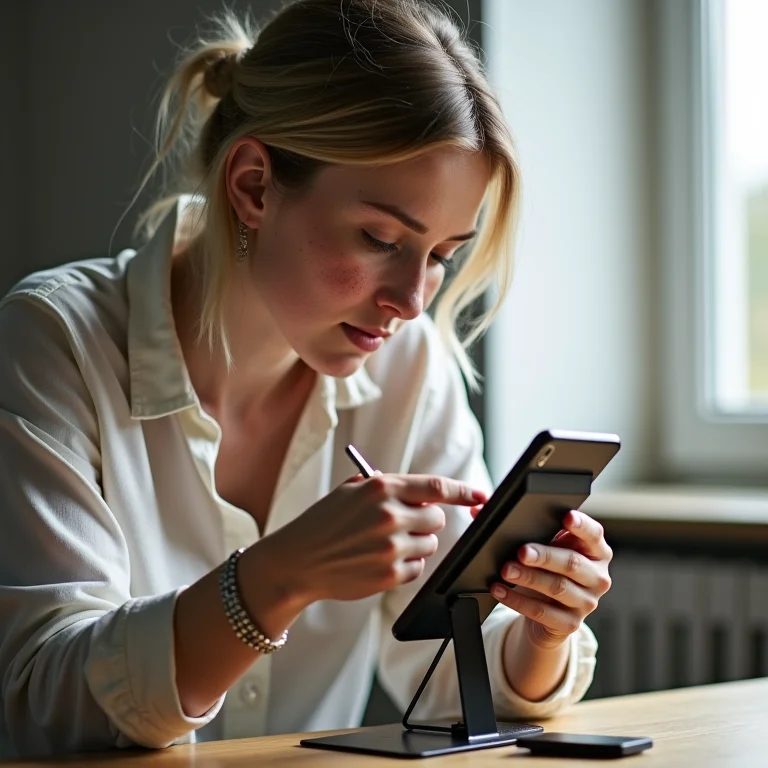 Mulher branca montando estrutura de suporte de celular de metal