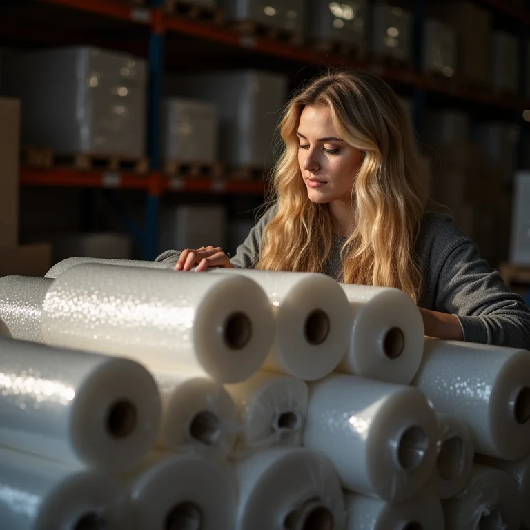 Mulher branca olhando um palete de plástico bolha em um armazém.
