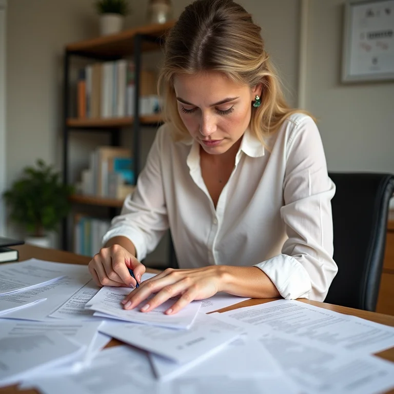 Mulher branca organizando documentos e comprovantes para processo de pequenas causas.