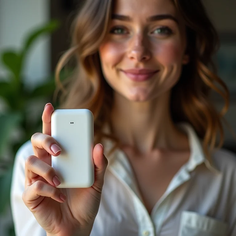 Mulher branca segurando um carregador portátil pequeno.