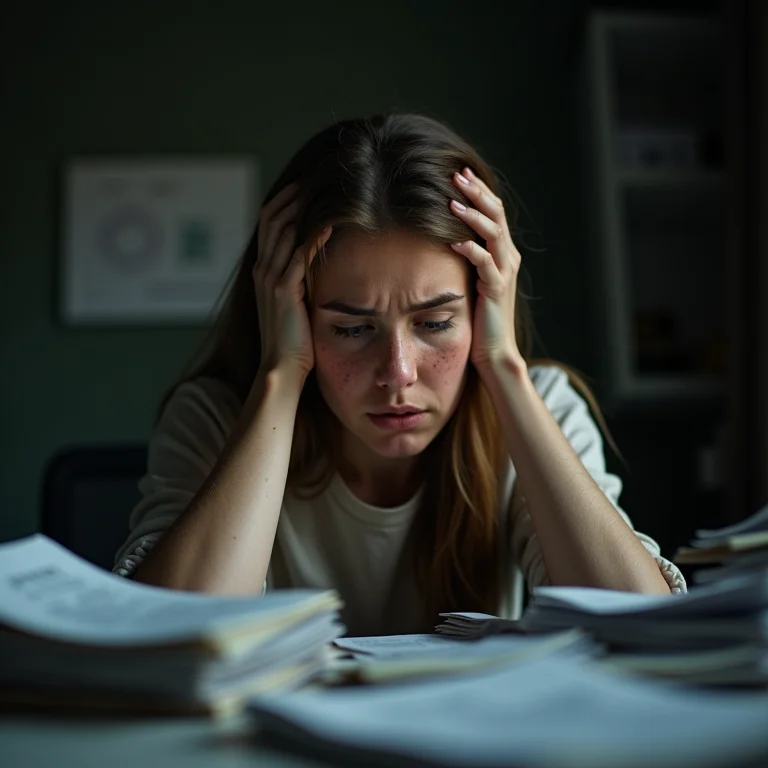 Mulher branca sobrecarregada com contas, representando precificação inadequada