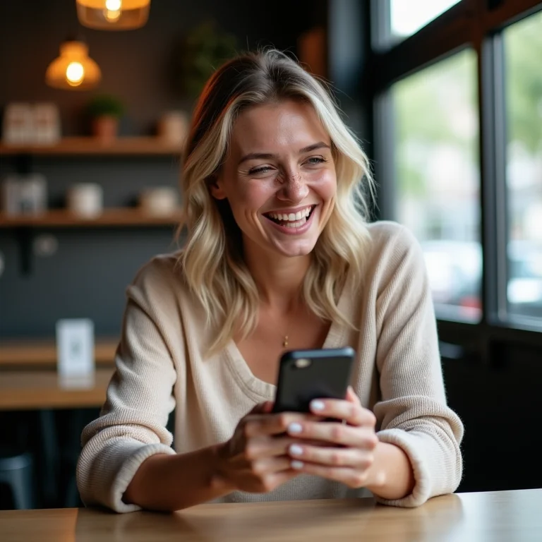Mulher branca sorrindo ao transferir dinheiro facilmente via Pix em um café