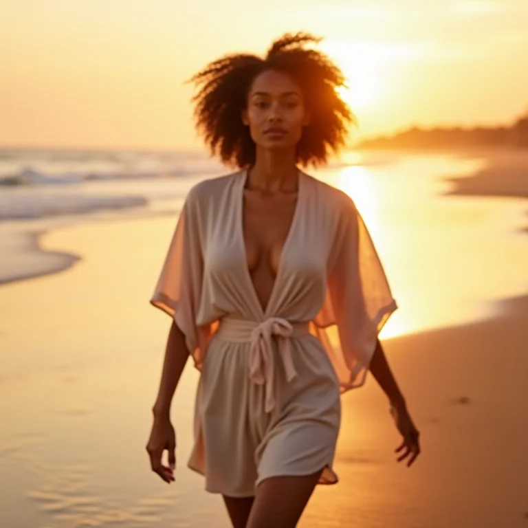 Mulher com quimono na praia ao pôr do sol