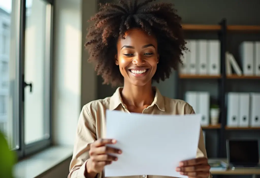 Mulher confiante analisando currículo em escritório moderno