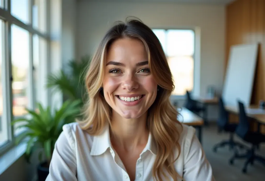 Mulher confiante participando de entrevista de emprego online.
