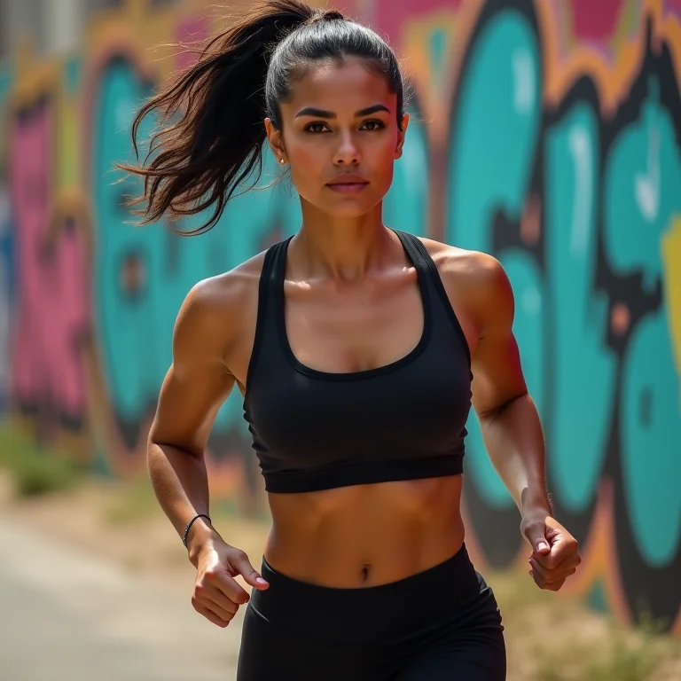 Mulher correndo com fones de ouvido.