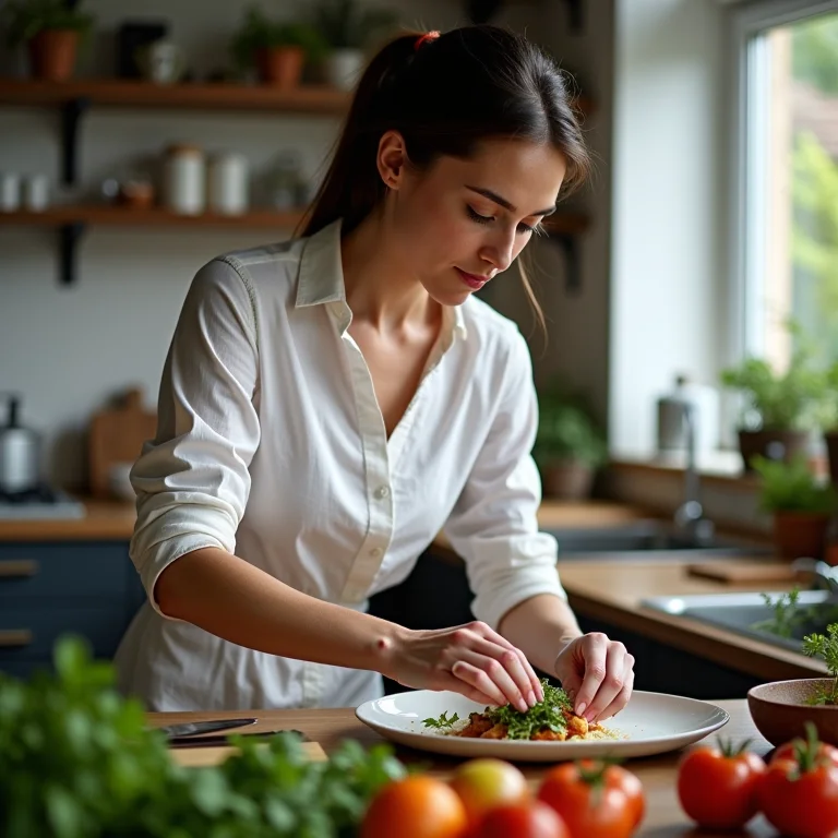 Mulher cozinhando prato gourmet com ingredientes frescos