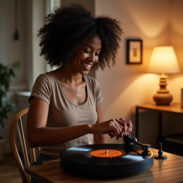 Mulher criando luminária de mesa com disco de vinil