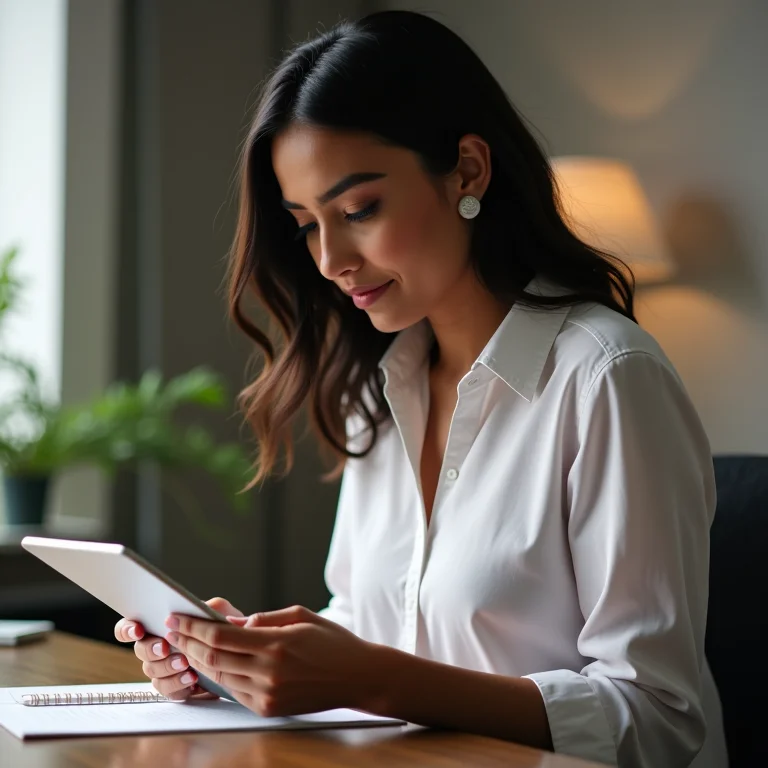 Mulher de negócios MEI revisando checklist com passos do eSocial em tablet.
