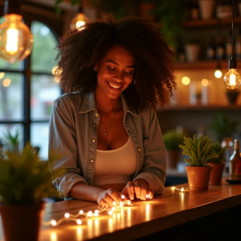 Mulher decorando barzinho com luzes e plantas