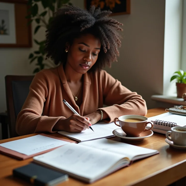 Mulher definindo objetivos semanais no planner