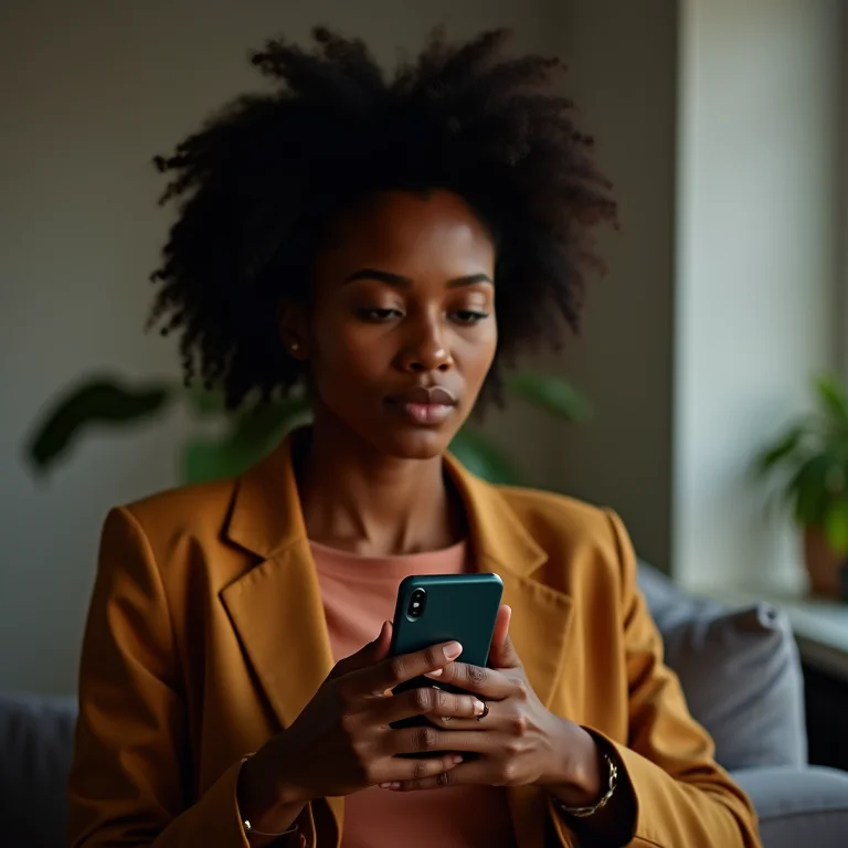 Mulher desligando o celular ao fim do dia de trabalho.