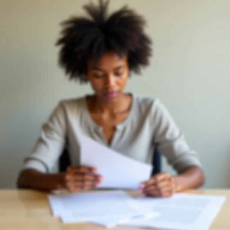 Mulher diversa analisando currículos em processo de recrutamento inclusivo.