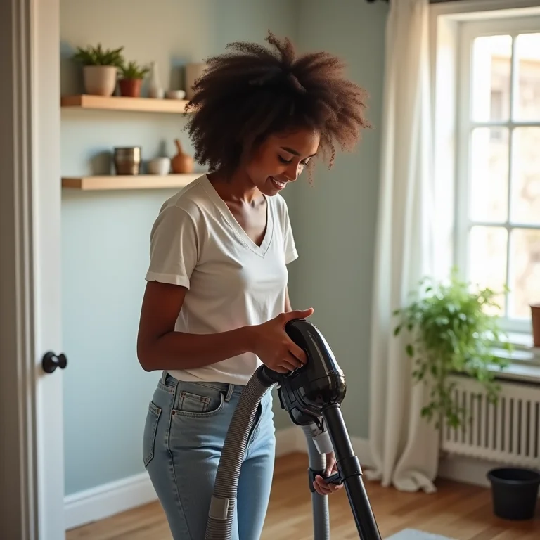 Mulher diversa aspirando o chão da sala