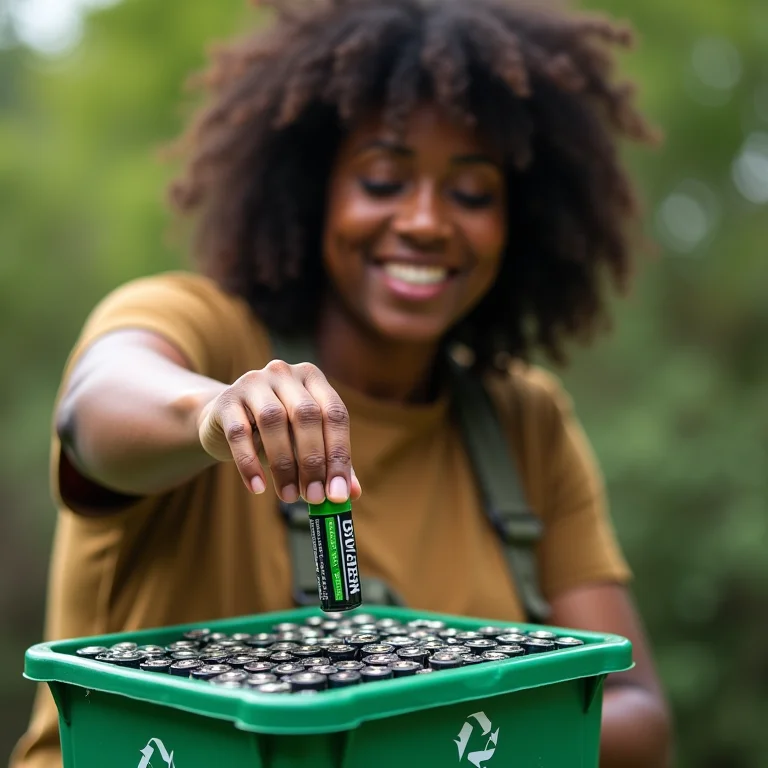 Mulher diversa depositando pilhas em um coletor, demonstrando a solução ao alcance para o descarte correto.