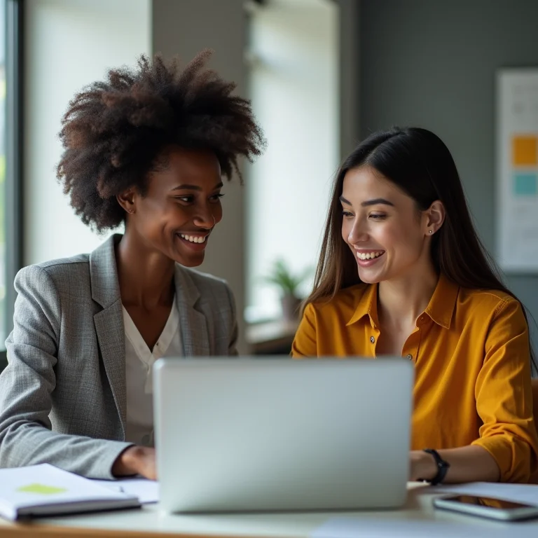 Mulher diversa mentorando colega mais jovem no trabalho.