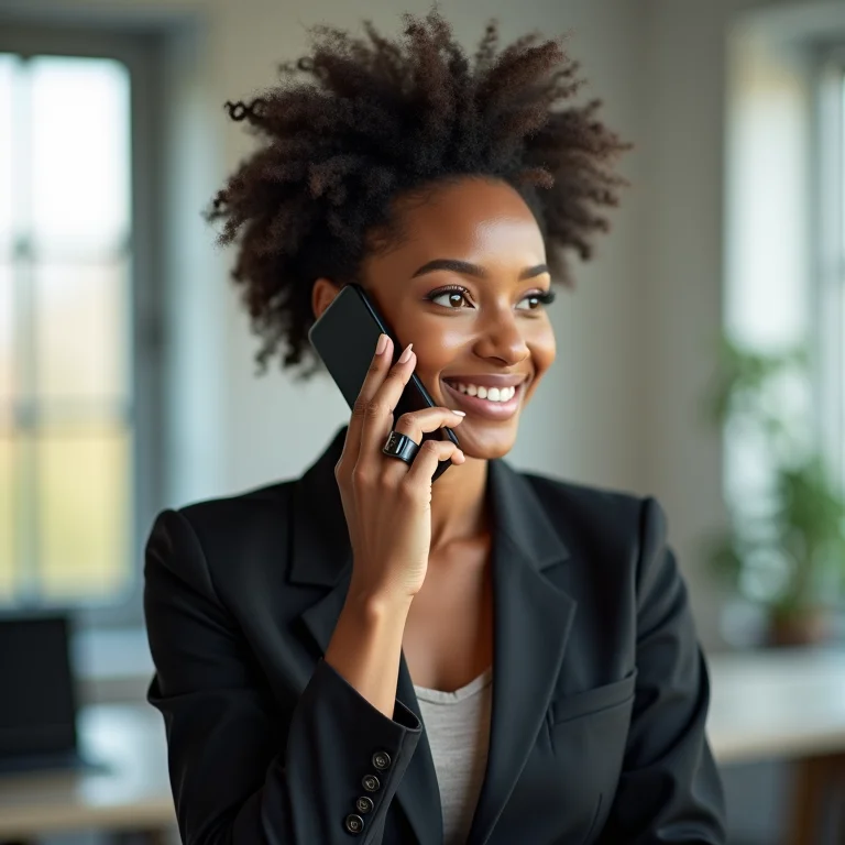 Mulher em ligação telefônica com fone bluetooth