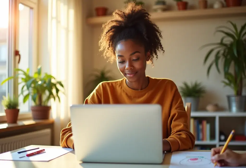 Mulher equilibrando trabalho e vida pessoal em home office iluminado.