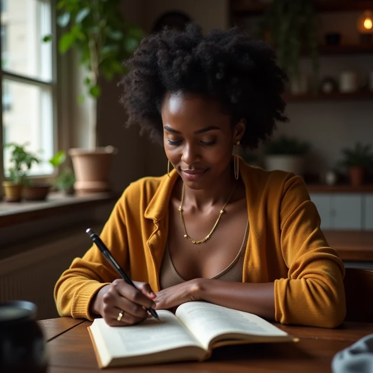 Mulher escrevendo sobre seus valores e prioridades em um diário.