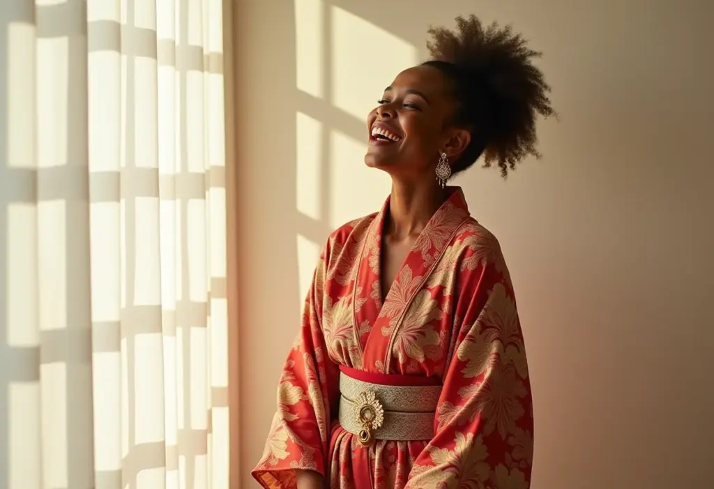Mulher estilosa com quimono colorido
