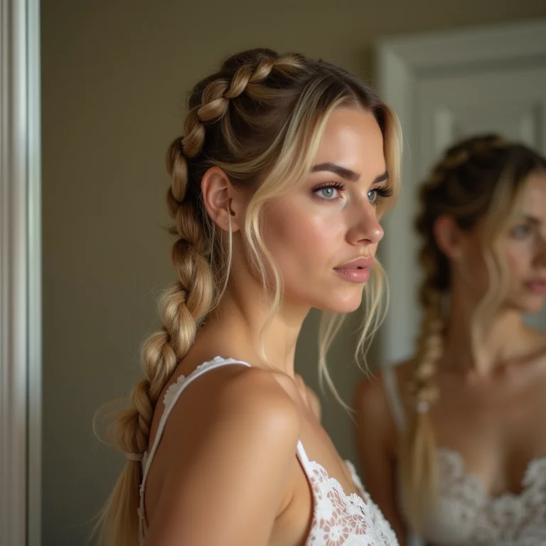 Mulher fazendo trança boxeadora em frente ao espelho