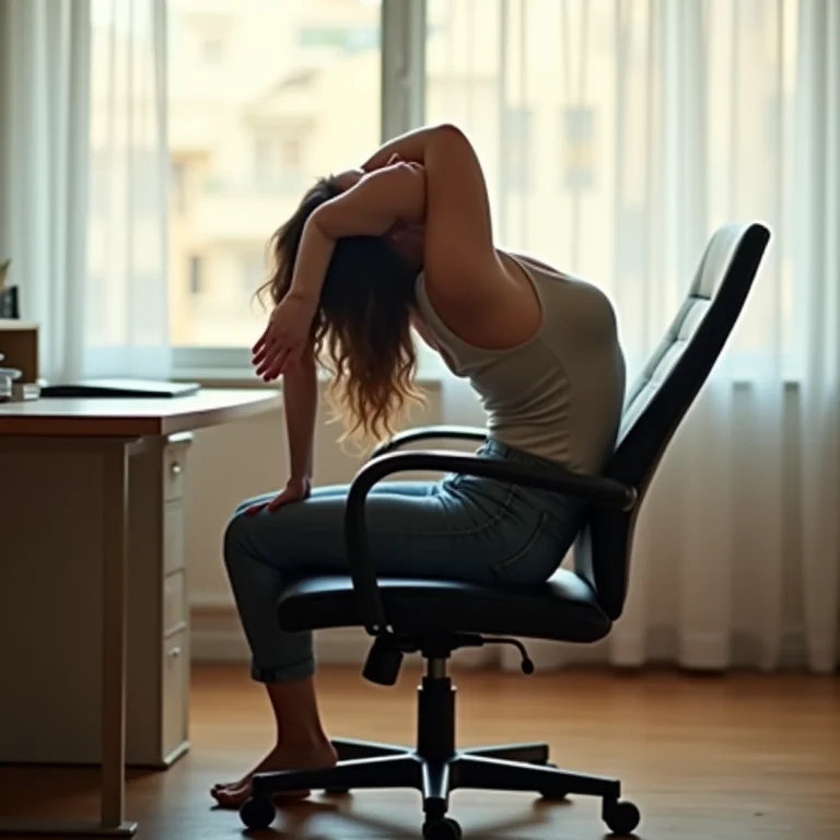 Mulher gorda aliviando dores nas costas com yoga na cadeira