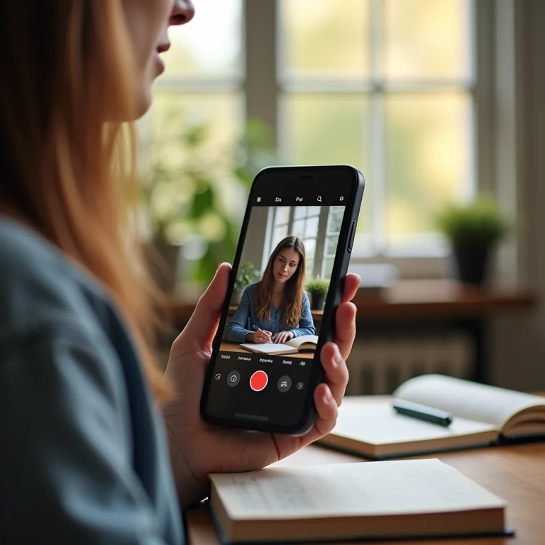 Mulher gravando simulação de entrevista de emprego.