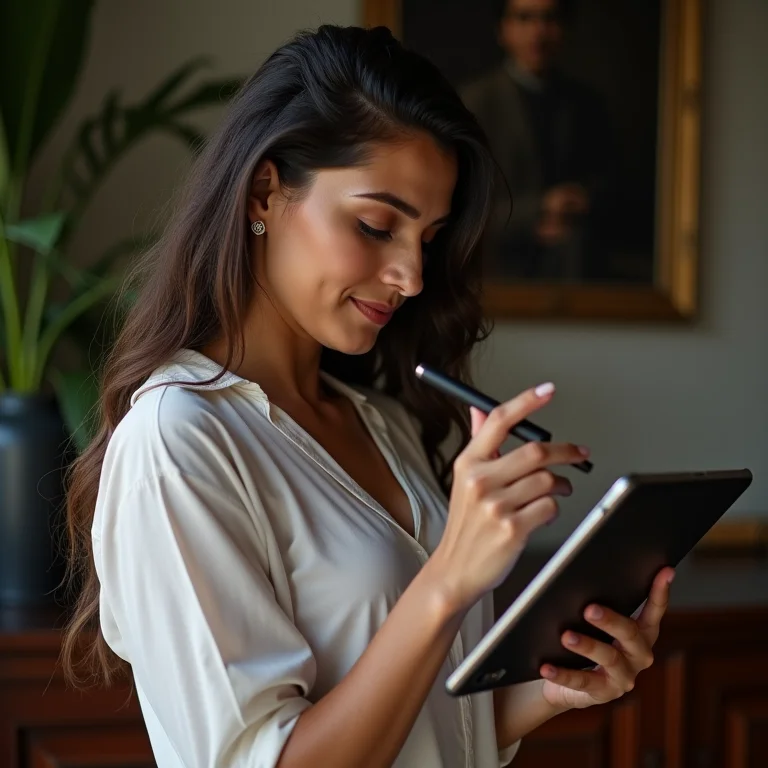 Mulher latina consultando o Diário Oficial em um tablet.