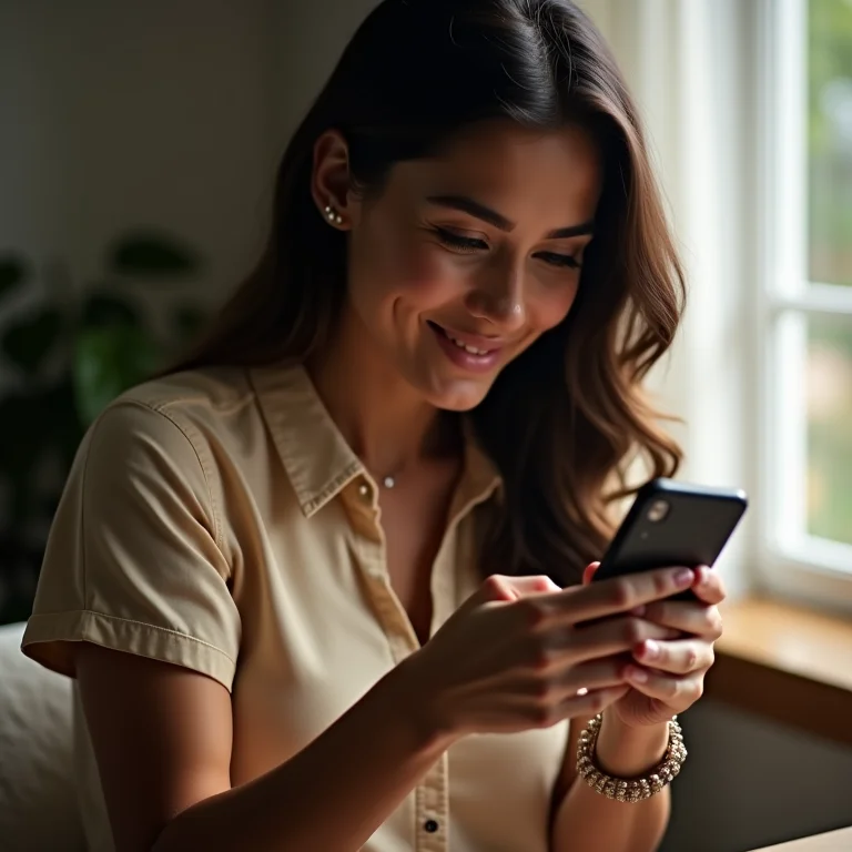 Mulher latina digitando no celular com confiança.