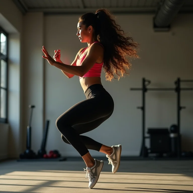 Mulher latina fazendo jumping jacks no HIIT