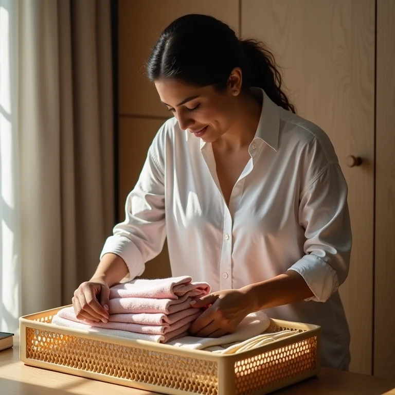 Mulher latina mostrando como organizar roupas em organizadores colmeia