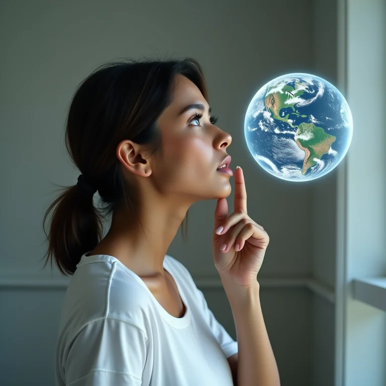 Mulher latina observando uma projeção holográfica da Terra, inspirada por temas de ficção científica alienígena.