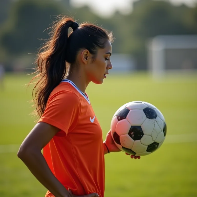 Mulher latina passando a bola no futebol de cegos.