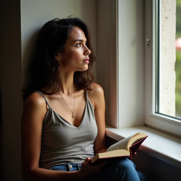 Mulher latina refletindo sobre a vida com um livro no colo.