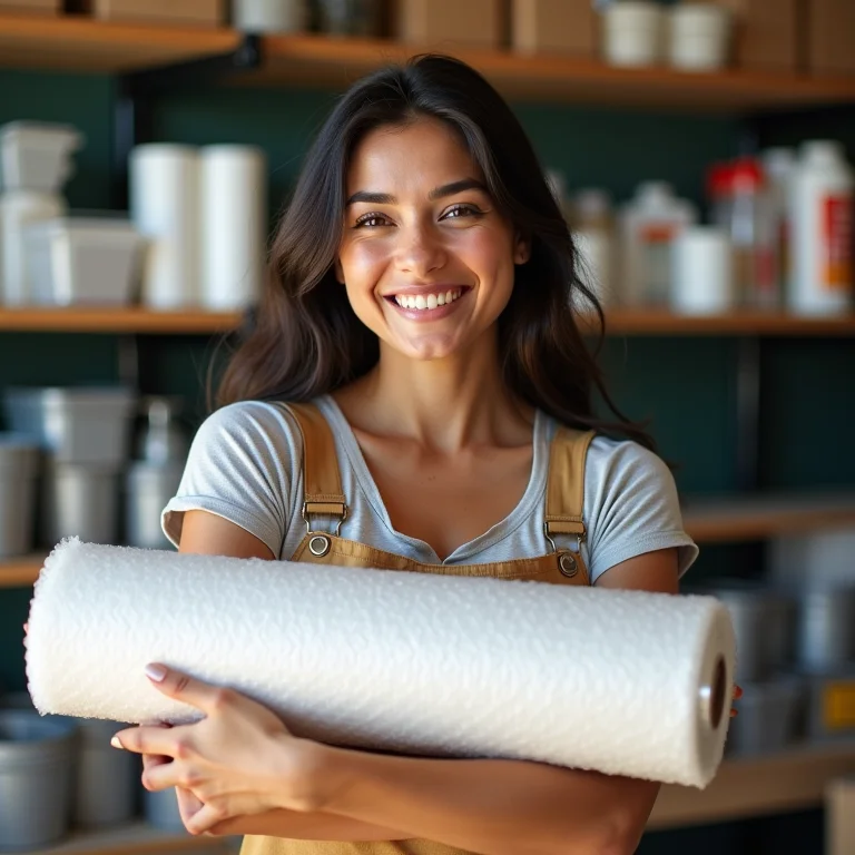 Mulher latina segurando plástico bolha em loja de materiais de construção.
