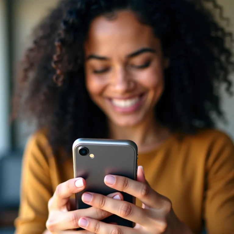 Mulher latina segurando um smartphone com a interface de um aplicativo de banco focado na seção Pix
