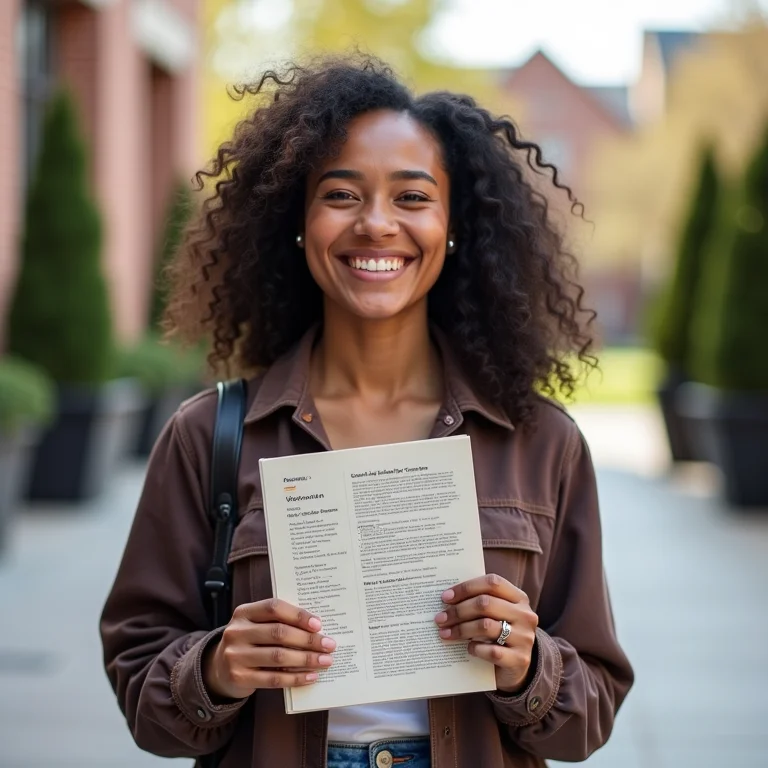 Mulher latina sorrindo segurando panfleto de cursos universitários
