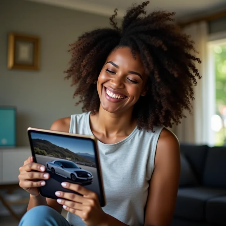 Mulher lendo artigo sobre carros em tablet.